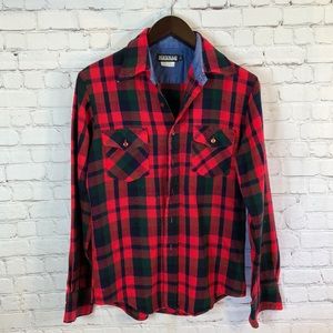 Metric Flannel Plaid Shirt Top Button Down Red Green Plaid Large